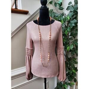 1. State Pink Smocked Long Sleeve Polyester Pullover Blouse Casual Top Size S